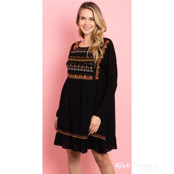 Dresses & Skirts - ❤️LAST! Woven Embroidered Lined Black/Rust Dress!